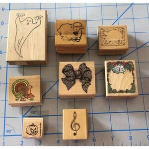 8 Wooden Stamps Lot HolidayPig Sheep Ghost Bow Bells Turkey Music Note Halloween